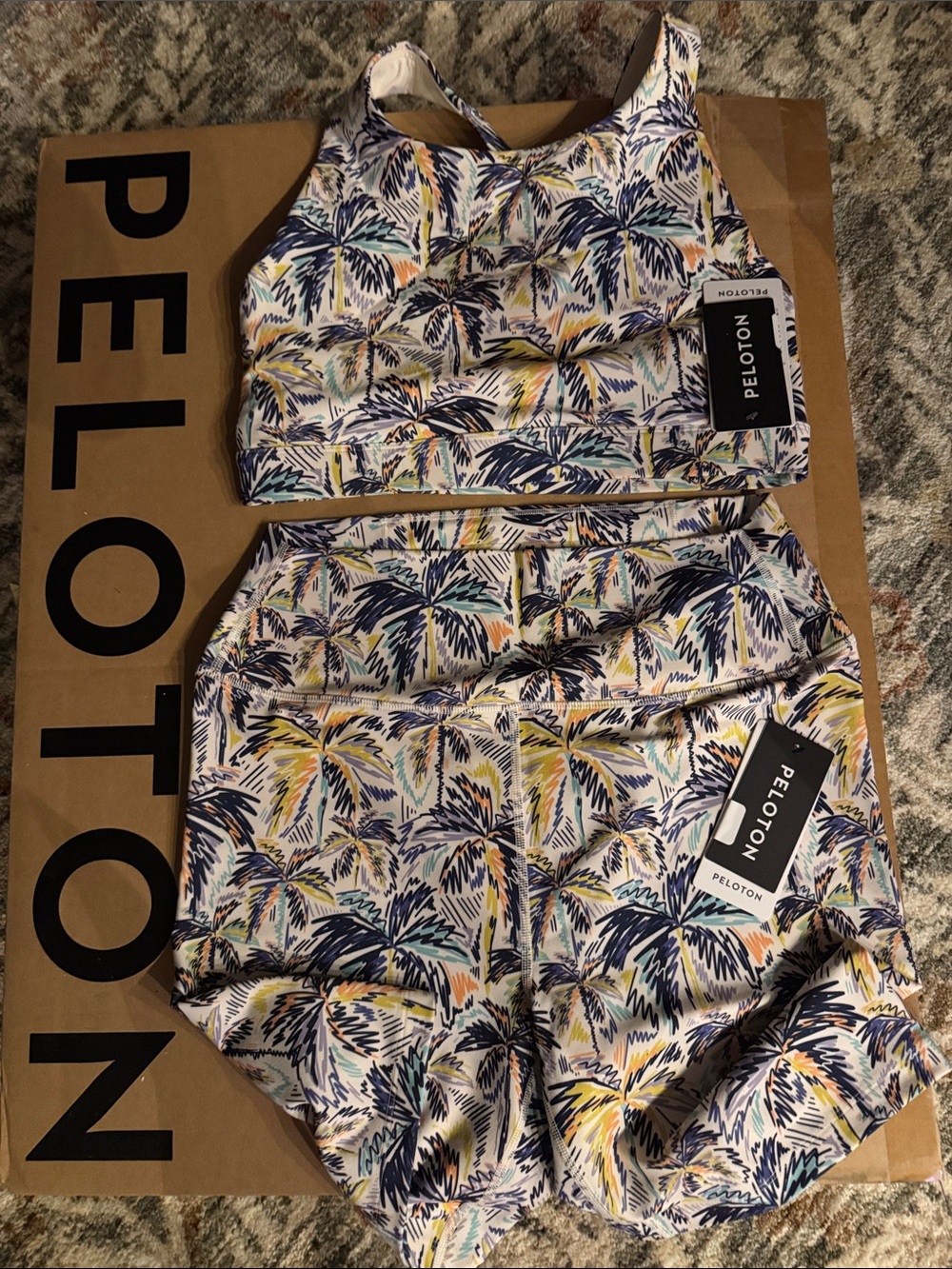 Peloton Women's Palm-Print High-Rise Shorts & Crop Set - Navy, Yellow, Teal